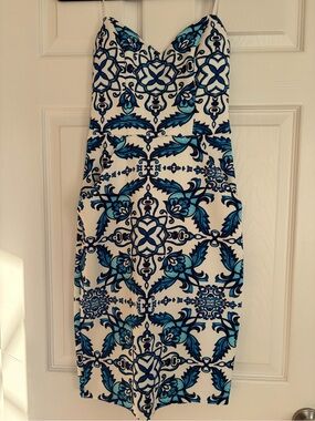 B Darlin White Dress with Blue Tile Floral Print